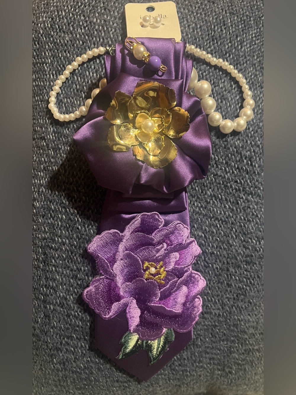 Purple Satin Floral Necktie with Pearl Beads and a Golden Flower accent!